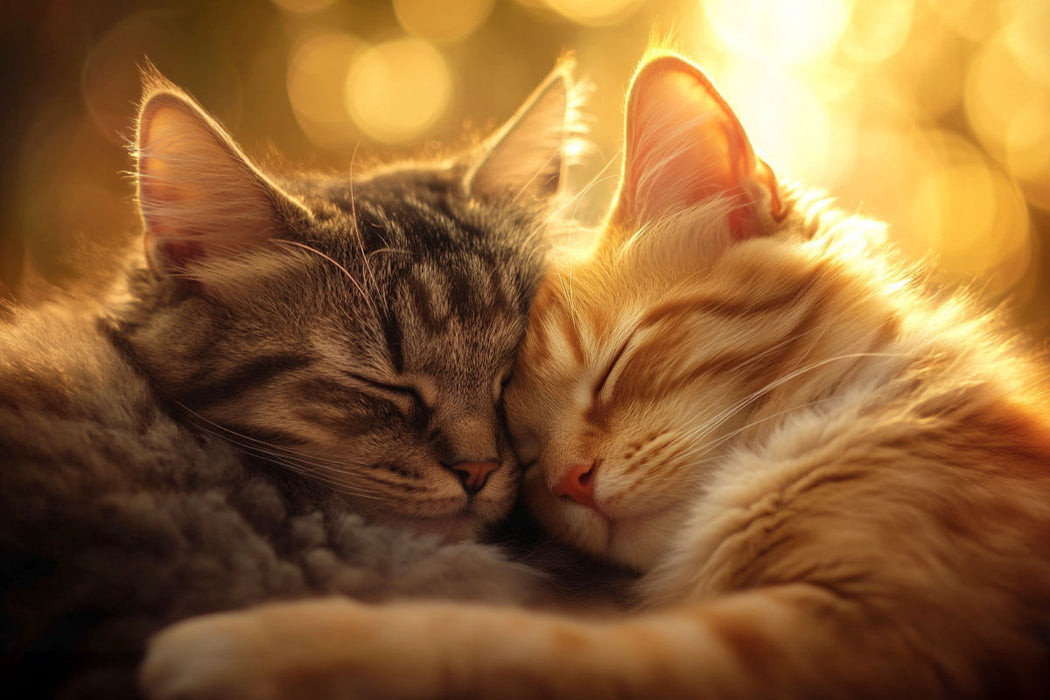 Premium Textil-Leinwand Kuschelstunde - Katzen kuscheln sich aneinander