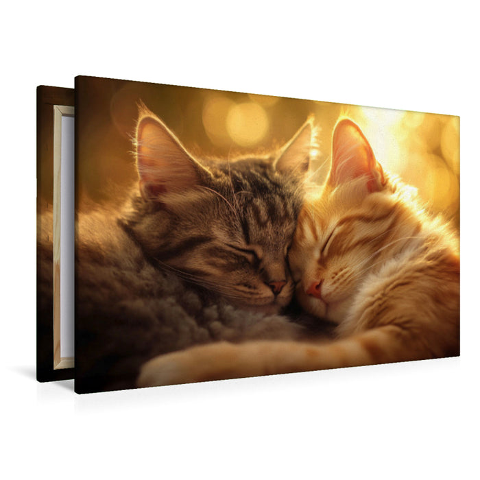 Premium Textil-Leinwand Kuschelstunde - Katzen kuscheln sich aneinander
