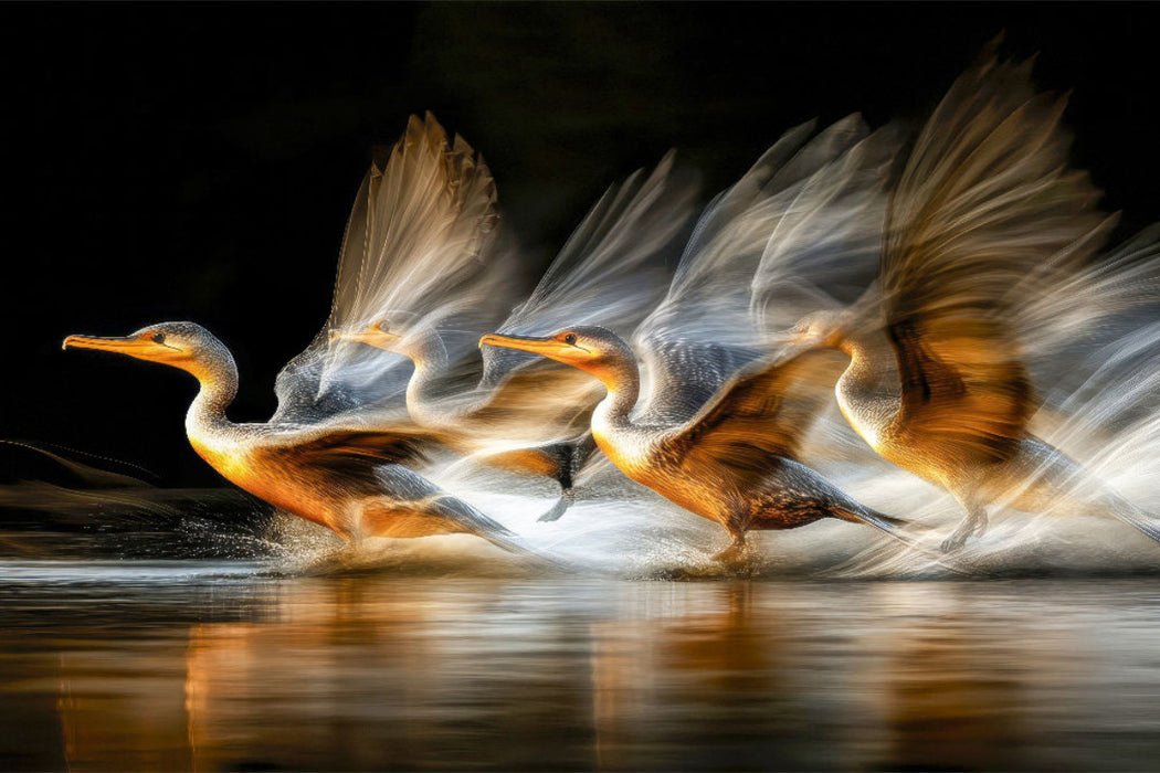 Premium Textil-Leinwand Drei Kormorane in perfekter Synchronität