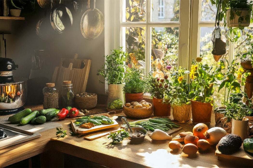 Premium Textil-Leinwand Frische Kräuter, frisches Gemüse