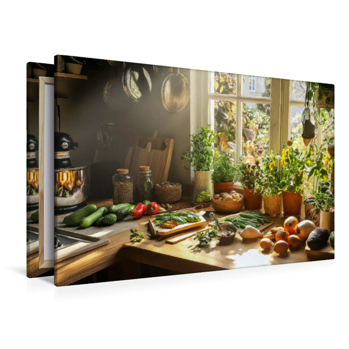 Premium Textil-Leinwand Frische Kräuter, frisches Gemüse