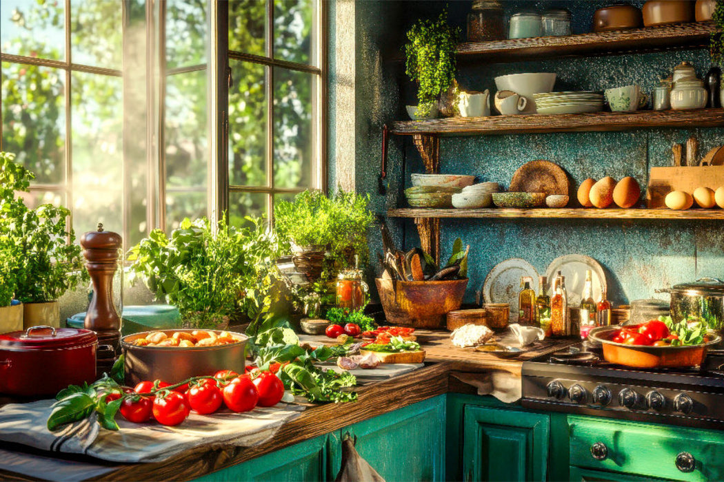 Premium Textil-Leinwand Die Küche - der Mittelpunkt zum Kochen und Genießen