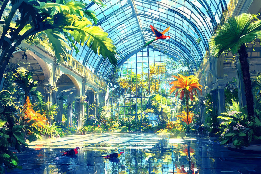 Premium Textil-Leinwand Tropisches Paradies im Gewächshaus - Anime Landschaft
