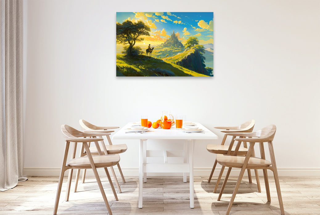 Premium Textil-Leinwand Fast am Ziel - Reiter in Amine Landschaft