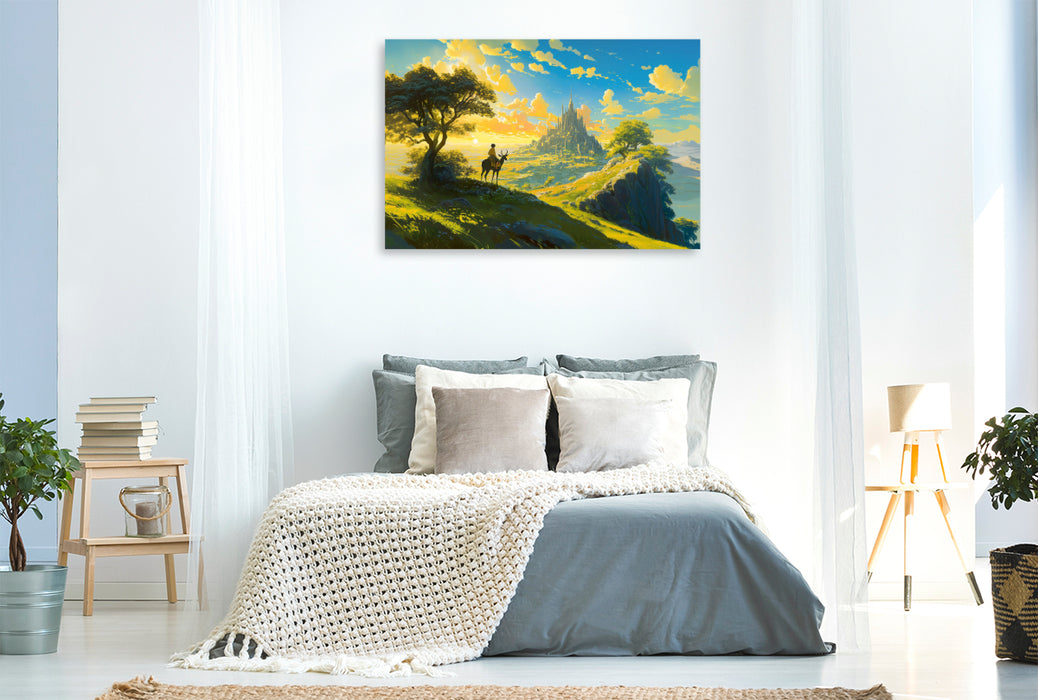 Premium Textil-Leinwand Fast am Ziel - Reiter in Amine Landschaft