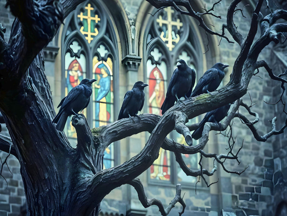 Geflüsterte Prophezeiungen - HD-Leinwand „Krähen & alte Kirche“ - CALVENDO Foto-Puzzle'