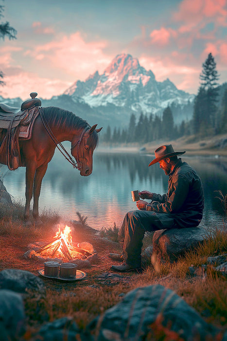 Premium Textil-Leinwand Pferd und Reiter am Lagerfeuer