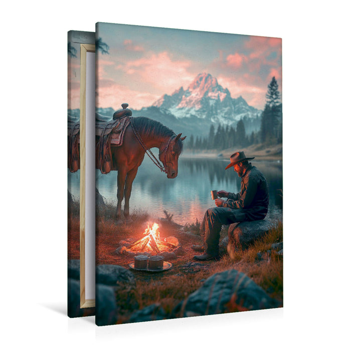 Premium Textil-Leinwand Pferd und Reiter am Lagerfeuer