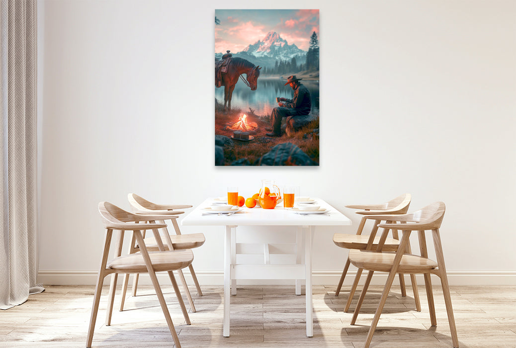 Premium Textil-Leinwand Pferd und Reiter am Lagerfeuer
