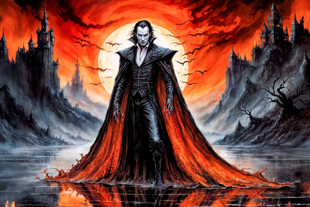 Premium Textil-Leinwand Vampirporträt in mystischer Landschaft im Stil der dunklen Romantik
