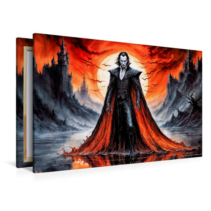 Premium Textil-Leinwand Vampirporträt in mystischer Landschaft im Stil der dunklen Romantik