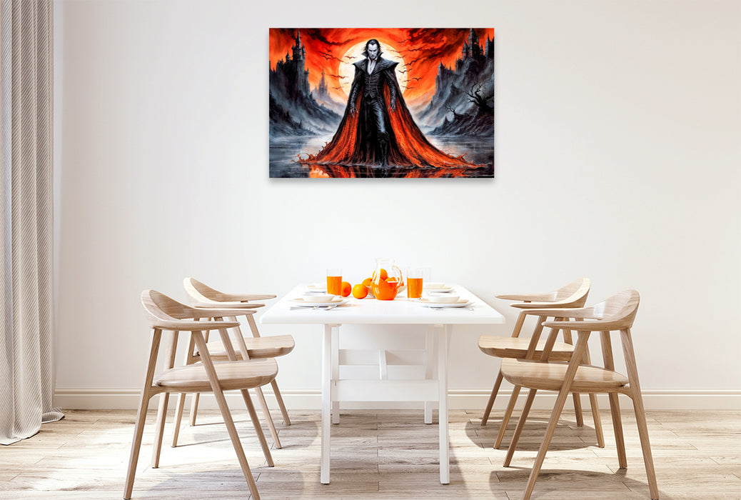 Premium Textil-Leinwand Vampirporträt in mystischer Landschaft im Stil der dunklen Romantik