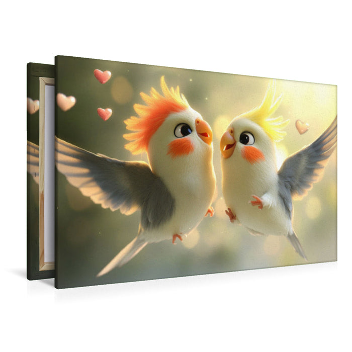 Premium Textil-Leinwand Duett im Flug - Zwei Nymphensittiche