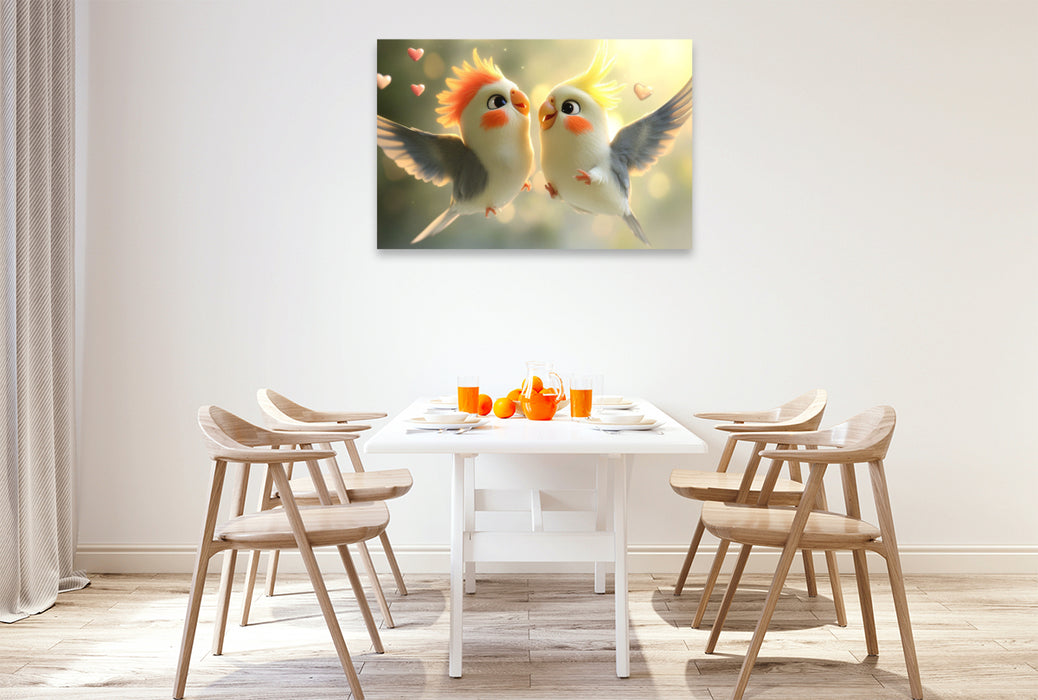 Premium Textil-Leinwand Duett im Flug - Zwei Nymphensittiche