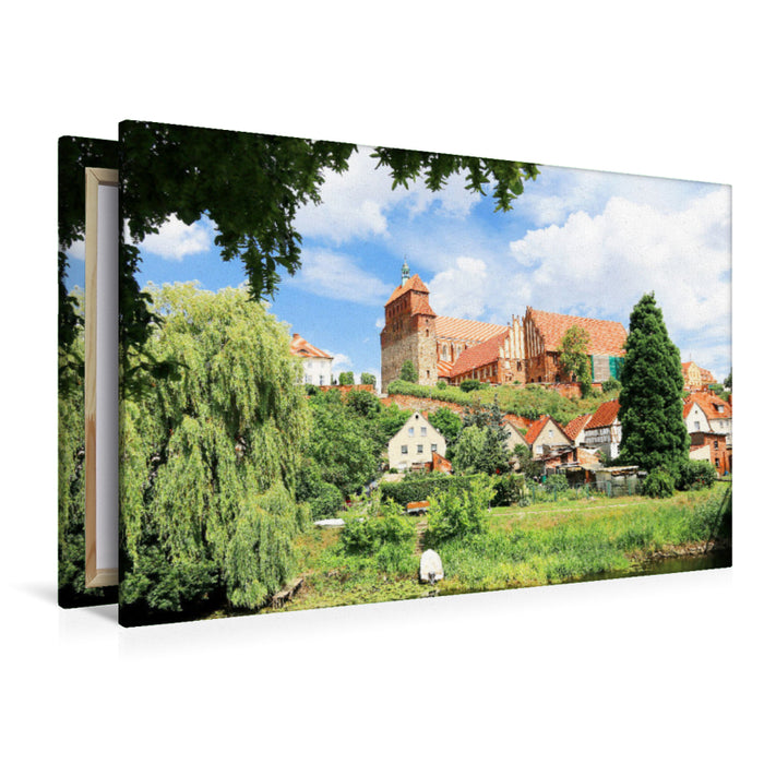 Premium Textil-Leinwand Havelberg, Blick über die Havel zum Dom St. Marien