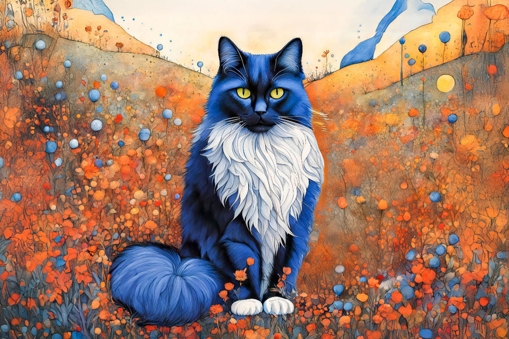 Premium Textil-Leinwand Majestätische blaue Katze im Feld