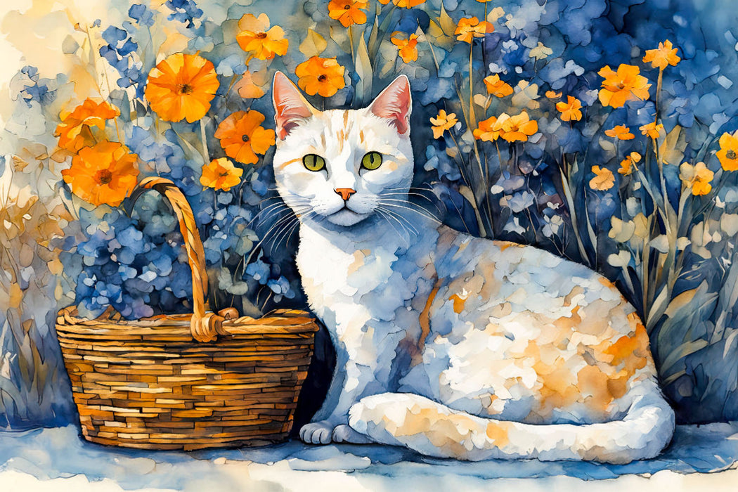 Premium Textil-Leinwand Gouache Katze im Blumengarten