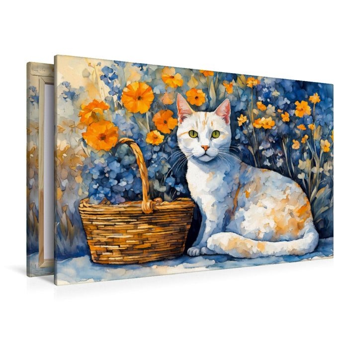 Premium Textil-Leinwand Gouache Katze im Blumengarten