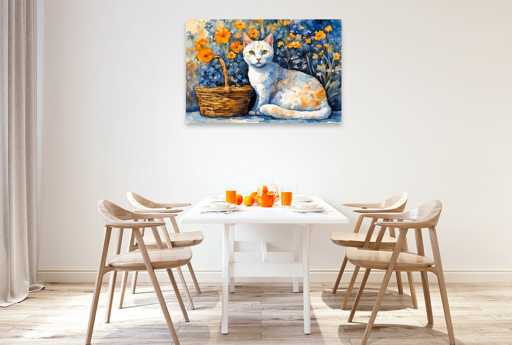 Premium Textil-Leinwand Gouache Katze im Blumengarten