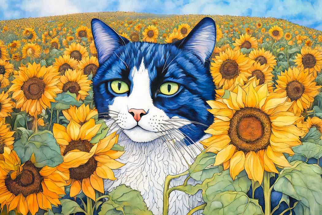 Premium Textil-Leinwand Katze im Sonnenblumenfeld