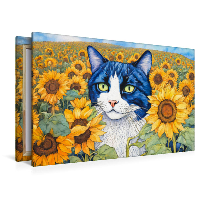 Premium Textil-Leinwand Katze im Sonnenblumenfeld