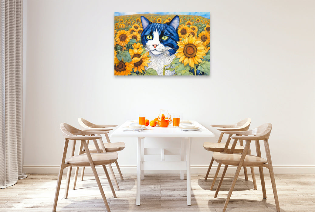 Premium Textil-Leinwand Katze im Sonnenblumenfeld