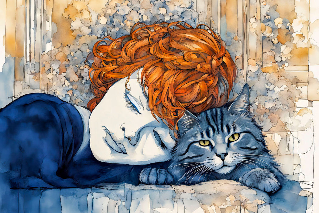 Premium Textil-Leinwand Aquarell Katze in Umarmung