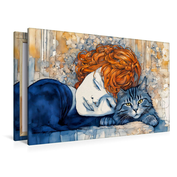 Premium Textil-Leinwand Aquarell Katze in Umarmung