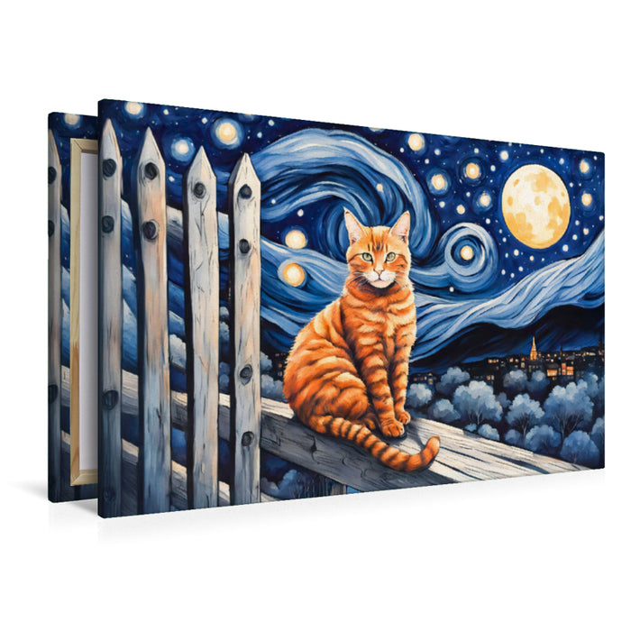 Premium Textil-Leinwand Aquarell Katze unterm Nachthimmel