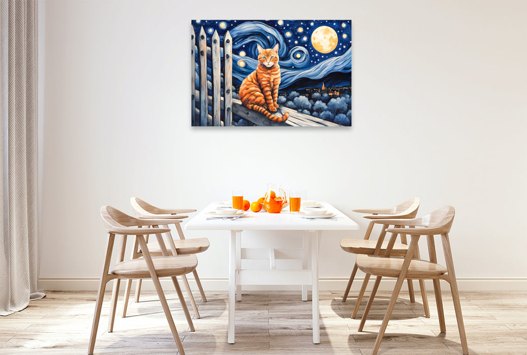 Premium Textil-Leinwand Aquarell Katze unterm Nachthimmel