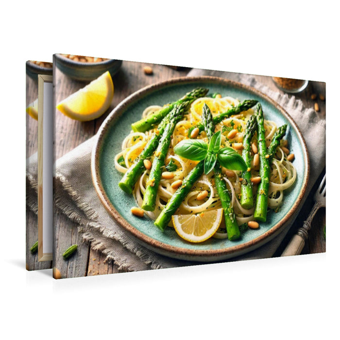 Premium Textil-Leinwand Frische Pasta mit grünem Spargel