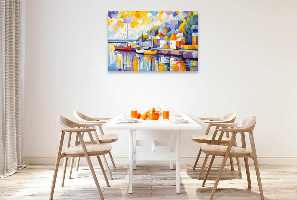 Premium Textil-Leinwand Boote im Hafen bei Abendsonne