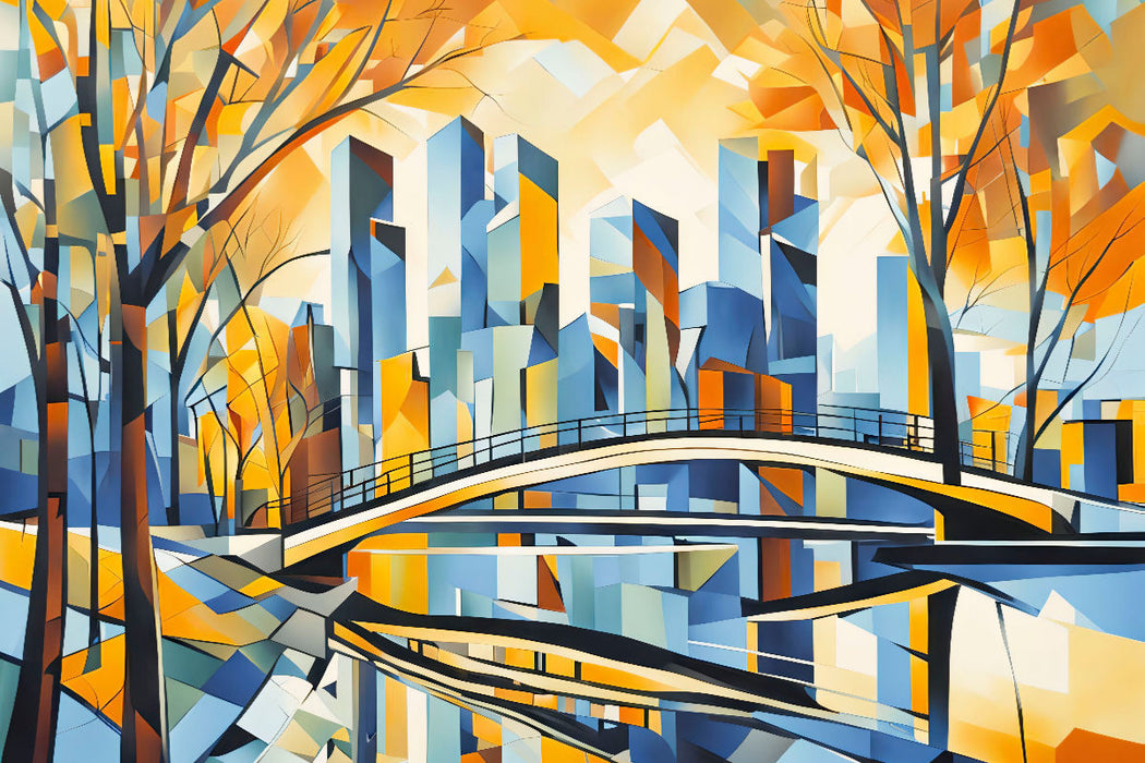 Premium Textil-Leinwand Spiegelnde Skyline im farbenfrohen Herbst