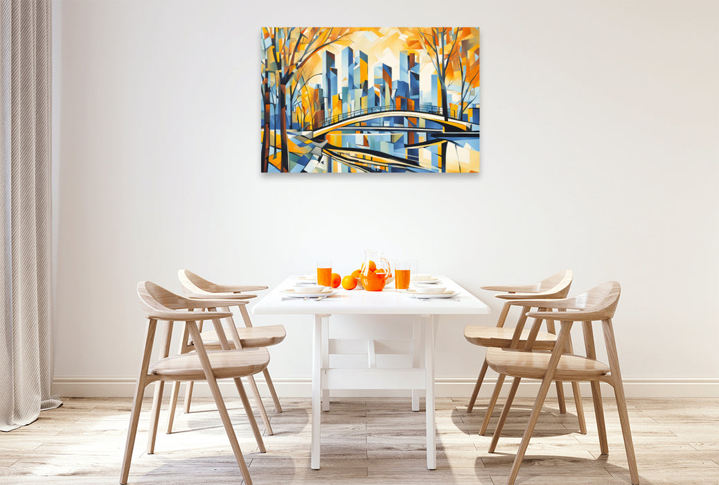 Premium Textil-Leinwand Spiegelnde Skyline im farbenfrohen Herbst