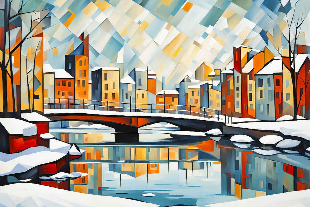 Premium Textil-Leinwand Winterbrücke in der kubistischen Stadt
