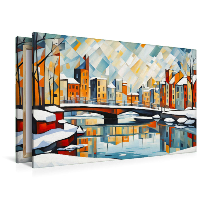 Premium Textil-Leinwand Winterbrücke in der kubistischen Stadt
