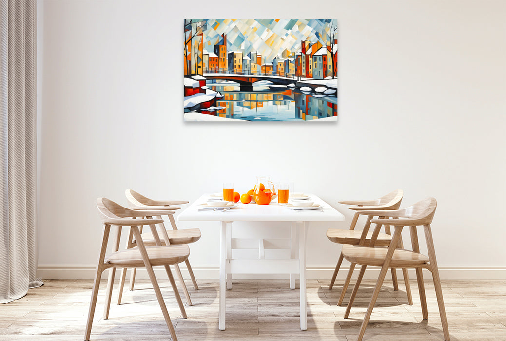Premium Textil-Leinwand Winterbrücke in der kubistischen Stadt