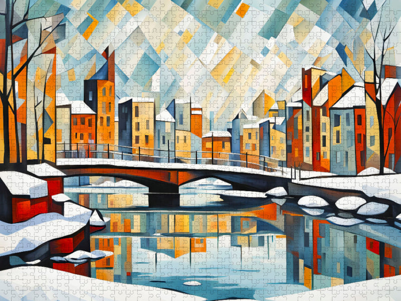 Winterbrücke in der kubistischen Stadt - CALVENDO Foto-Puzzle'