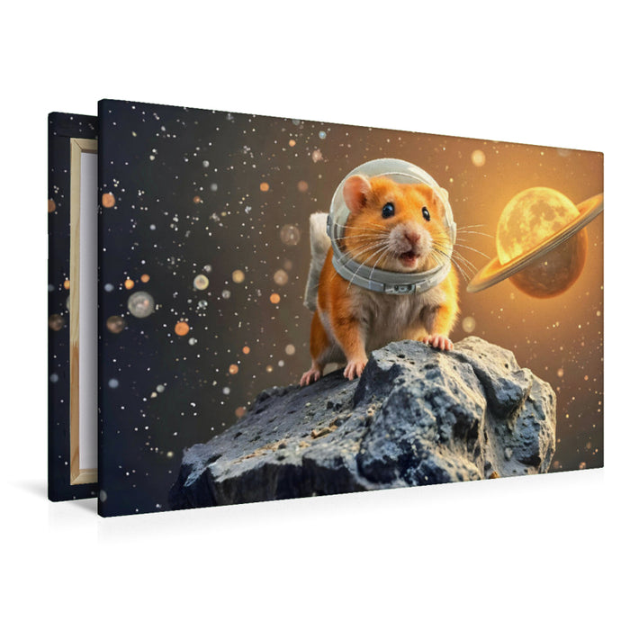 Premium Textil-Leinwand Galaktisch süß – Ein Hamster auf großer Mission!