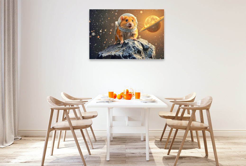Premium Textil-Leinwand Galaktisch süß – Ein Hamster auf großer Mission!