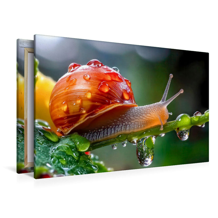 Premium Textil-Leinwand Naturschauspiel - kleine Schnecke auf Tautropen