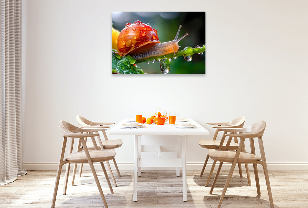 Premium Textil-Leinwand Naturschauspiel - kleine Schnecke auf Tautropen