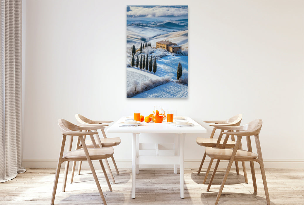 Premium Textil-Leinwand Genieße die klare Winterluft und das warme Licht über Olivenhainen und Weinbergen