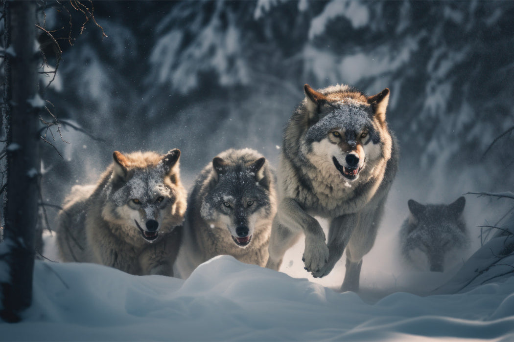 Premium Textil-Leinwand Ein jagendes Rudel Wölfe im Winter