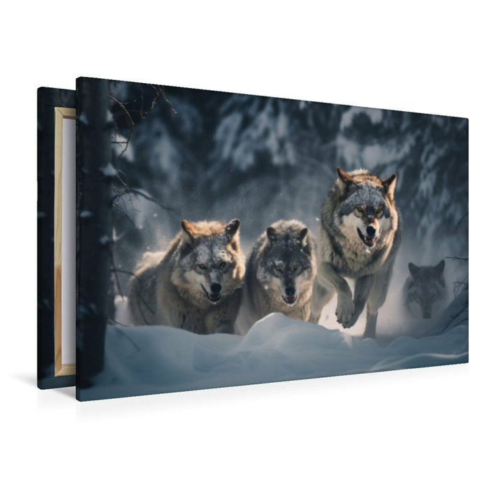 Premium Textil-Leinwand Ein jagendes Rudel Wölfe im Winter