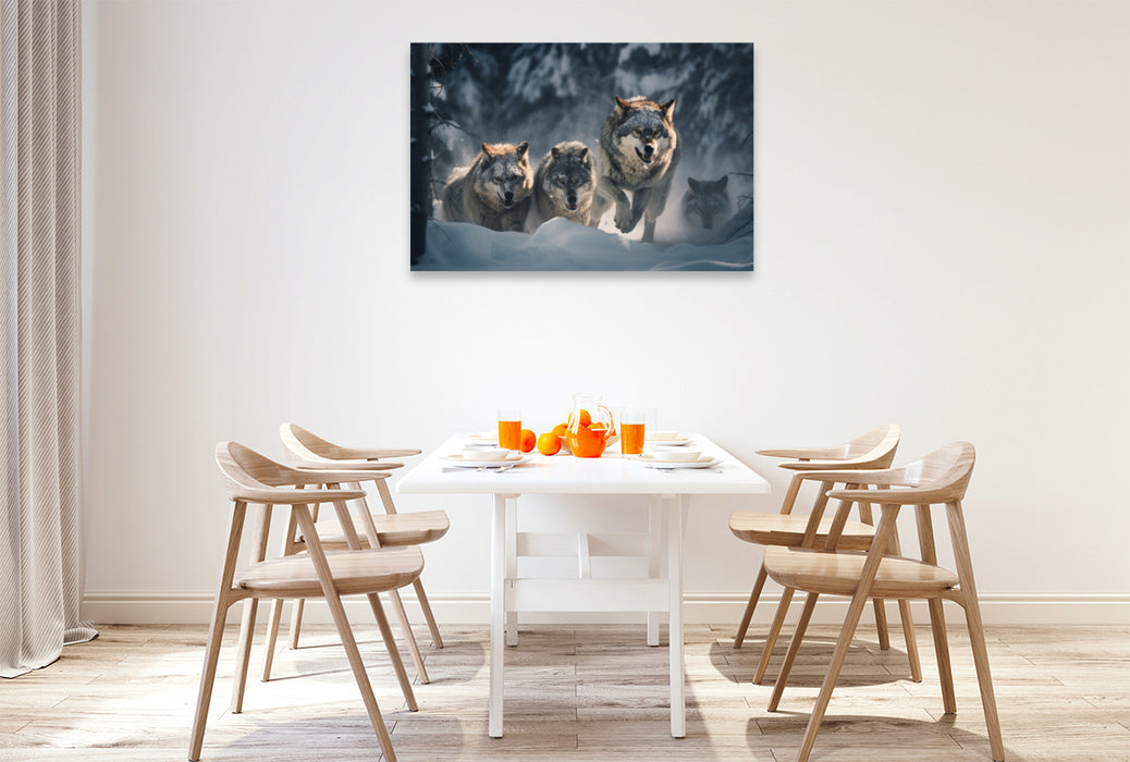 Premium Textil-Leinwand Ein jagendes Rudel Wölfe im Winter