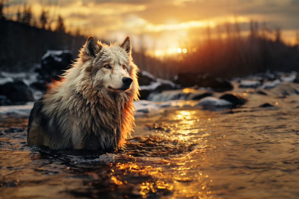 Premium Textil-Leinwand Ein Wolf überquert einen Bergbach