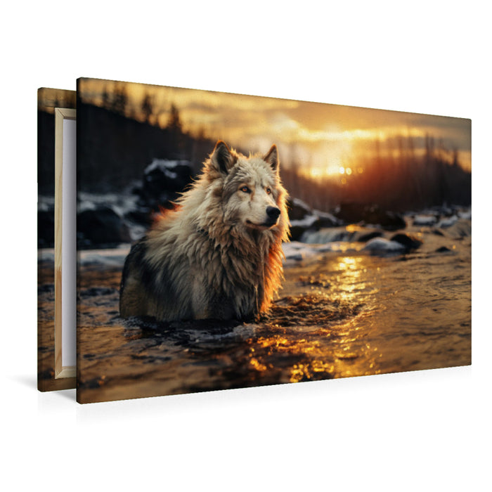 Premium Textil-Leinwand Ein Wolf überquert einen Bergbach