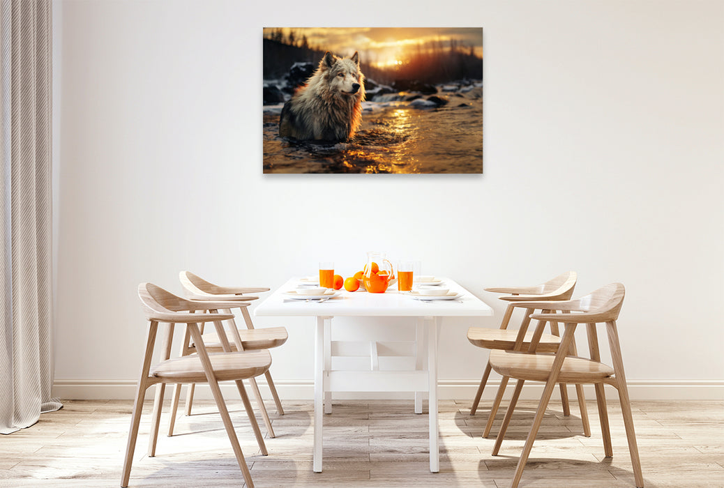 Premium Textil-Leinwand Ein Wolf überquert einen Bergbach