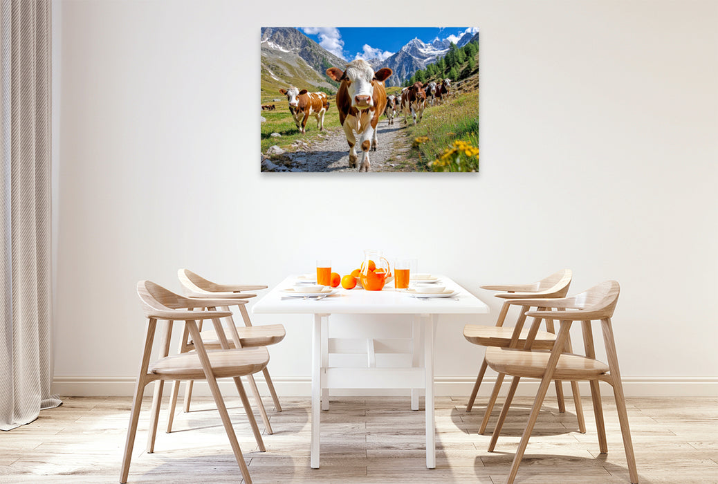Premium Textil-Leinwand Hier wird schon mal der Almabtrieb geübt